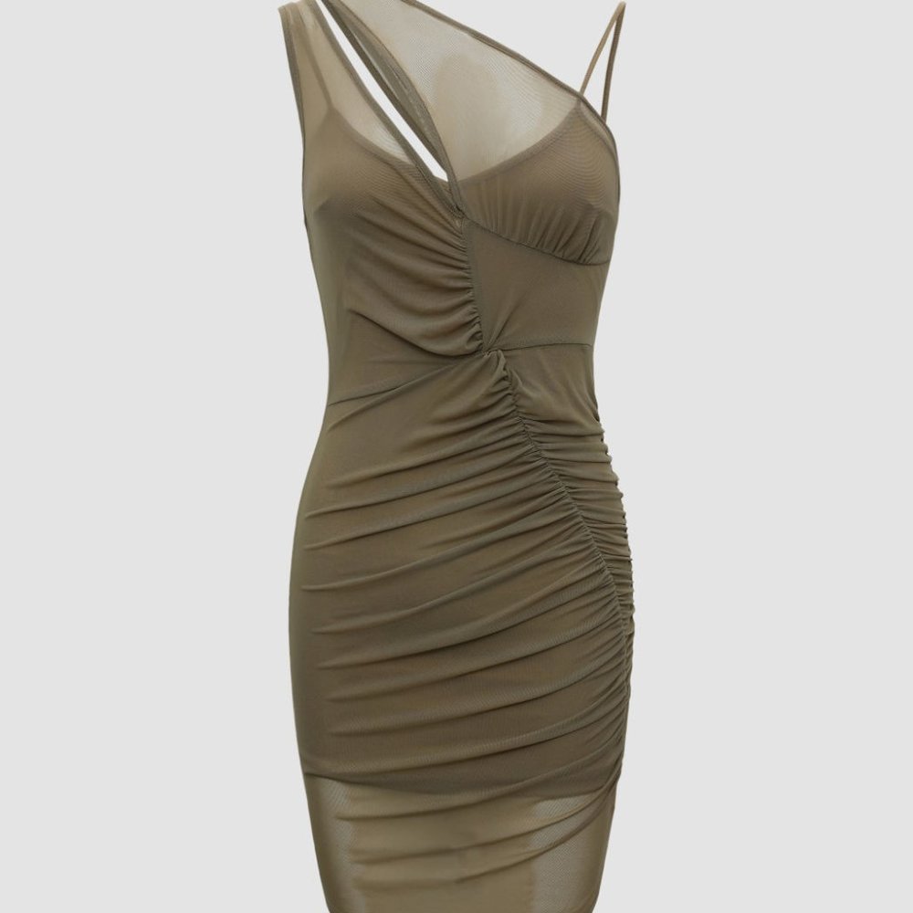 NWOT Cider Asymmetrical Mesh Two Piece Overlaid Dress (Olive Green)